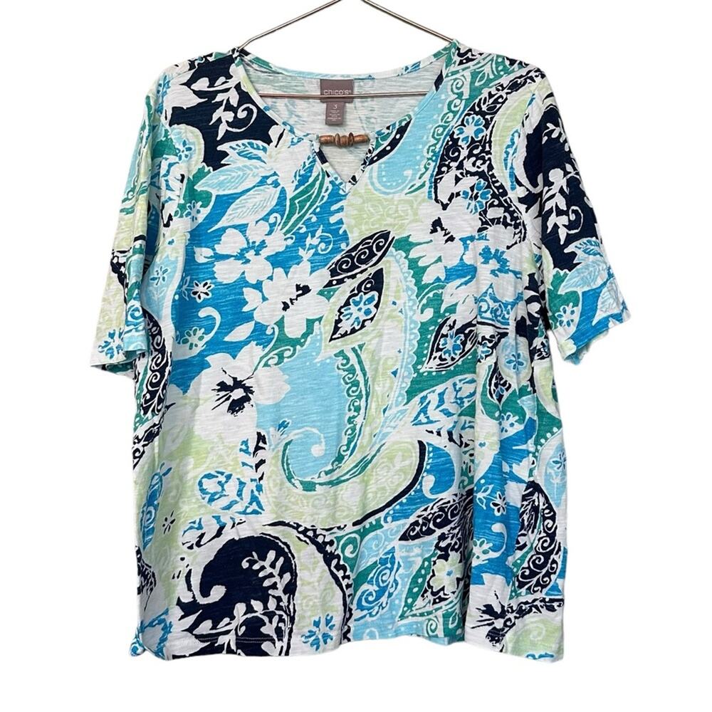 Chico’s XL size 3 short sleeved floral t shirt with wood detail